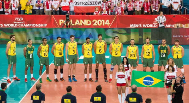 Reprezentacja Brazylii podczas prezentacji przed meczem z Polską w grupie H mistrzostw świata siatkarzy w Łodzi