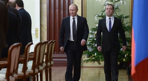 Prezydent Rosji Władimir Putin i premier Dmitrij Miedwiediew na Kremlu, 25 grudnia