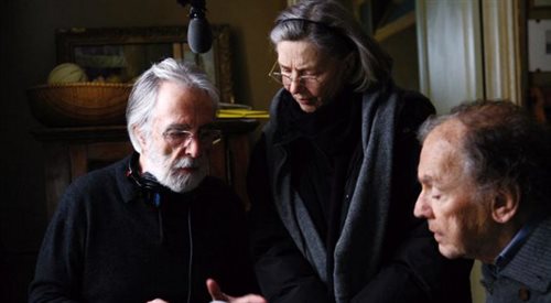 Michael Haneke, Emmanuelle Riva i Jean-Louis Trintignant na planie filmu Miłość