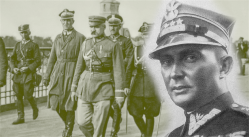 Marian Porwit. W tle: Marszałek Józef Piłsudski na Moście Poniatowskiego