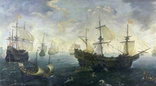 Wielka Armada u wybrzeży Anglii, obraz Cornelisa Claesza van Wieringena z początku XVII wieku fot. Wikimedia Commons.