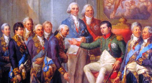 Napoleon nadaje konstytucję Księstwu Warszawskiemu 22 lipca 1807, obraz pędzla Marcello Bacciarelliego