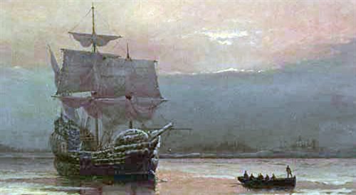 Mayflower w Plymouth Harbor  obraz Williama Halsalla