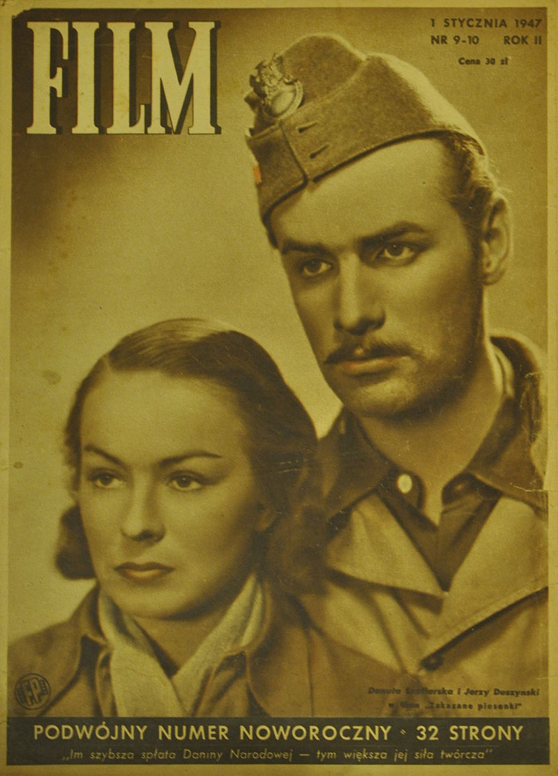 Danuta Szaflarska i Jerzy Duszyński w filmie "Zakazane piosenki", zdjęcie z czasopisma "Film", 1947