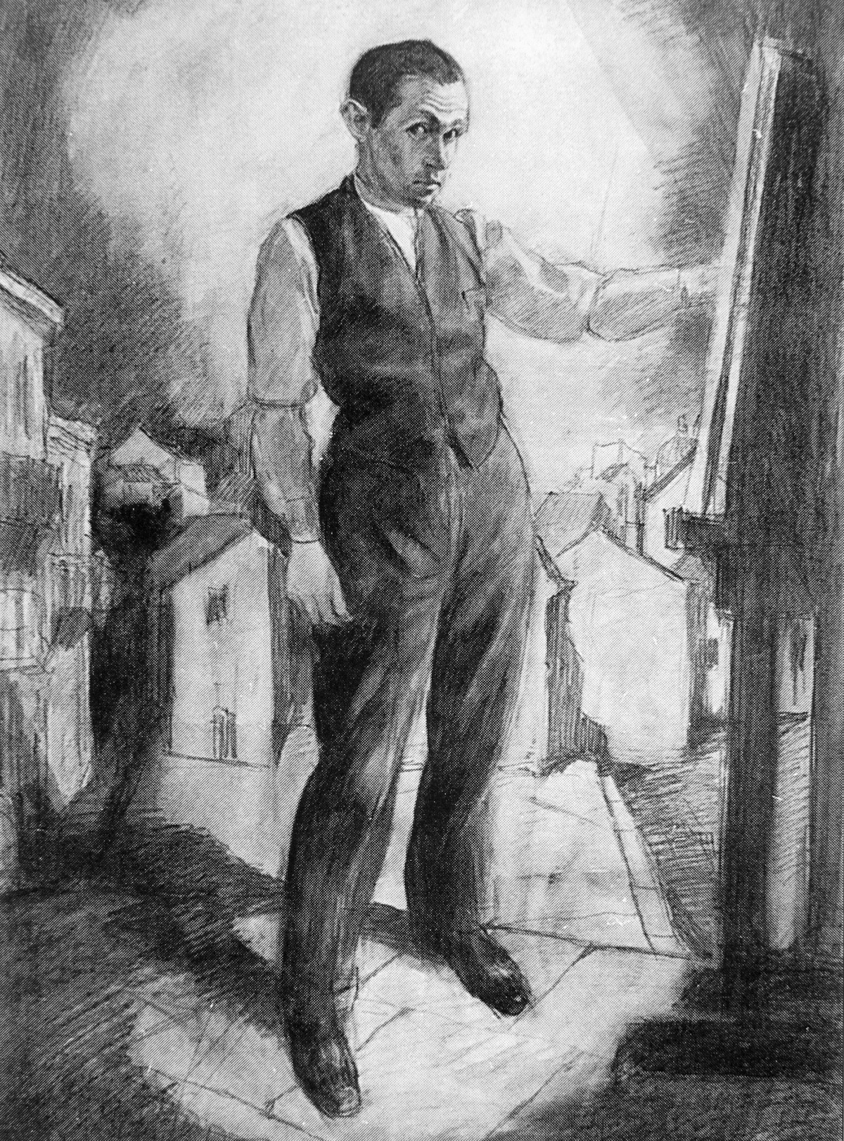 Bruno Schulz, "Autoportret ze sztalugami na tle miasteczka", ok. 1925 r. Fot. Forum/rep.Piotr Mecik