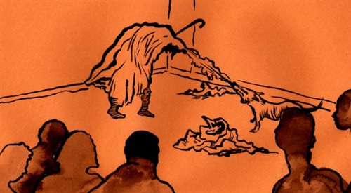 Grafika przedstawia jedną z akcji Joseph Beuys, jednego z czołowych artystów ruchu Fluxus. Performance zatytułowany Lubię Amerykę i Ameryka lubi mnie polegał na tym, że artystka przez trzy dni dzielił jedno z pomieszczeń nojorskiej galerii z kojotem.