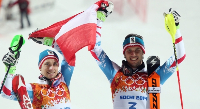 Złoty medalista Mario Matt i Marcel Hirscher, zdobywca srebrnego medalu