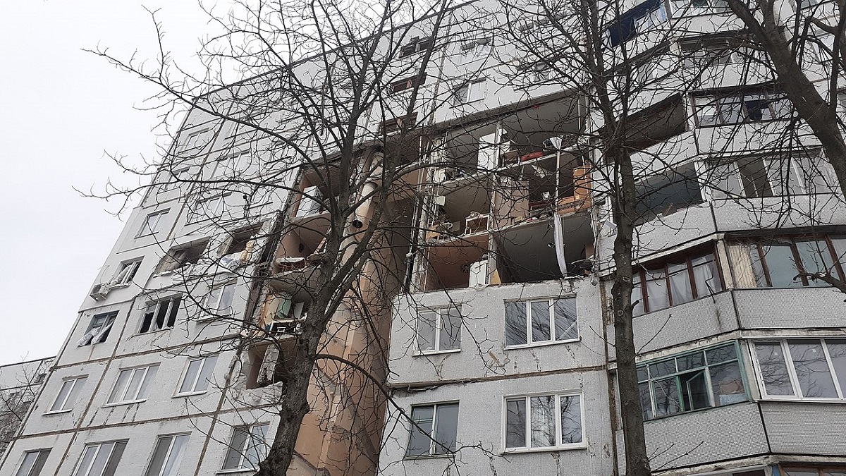 Destroyed Kharkiv apartment building following Russian shelling.