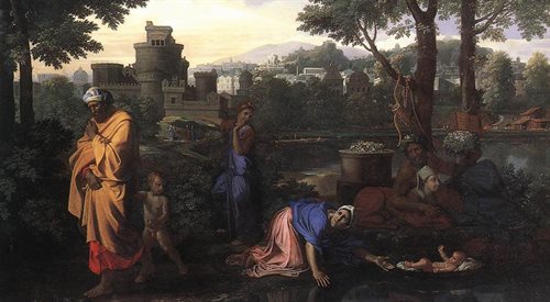 Nicolas Poussin do tego stopnia ukochał Rzym, że pejzaże tego miasta służyły mu za tło do scen z mitologii i Starego Testamentu; na zdjęciu fragment obrazu Wypuszczenie Mojżesza na rzekę