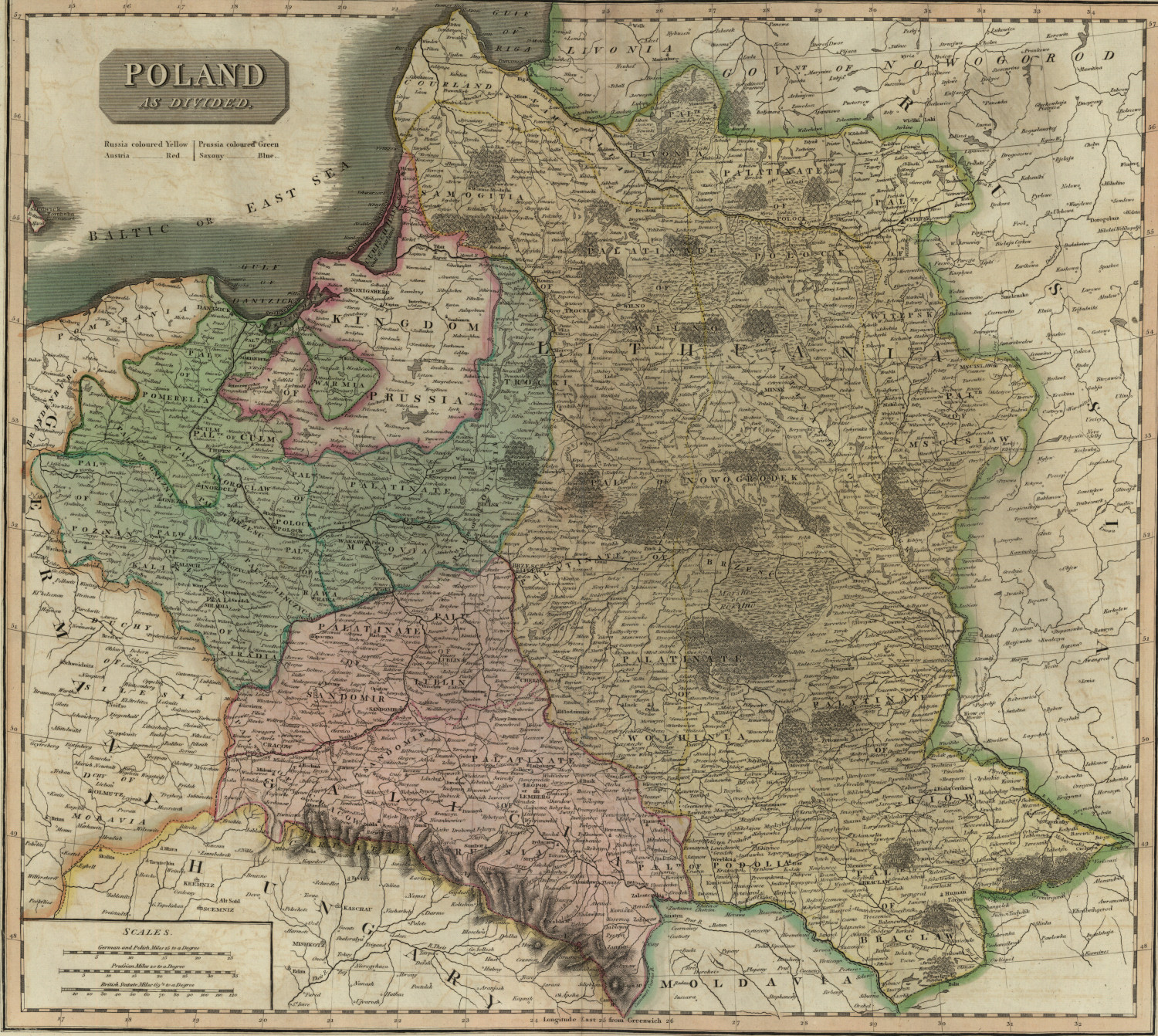 Rozbiory Polski. Brytyjska mapa z 1817 roku. Fot. Polona