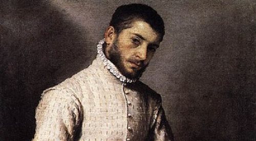 Giovanni Battista Moroni, Portret krawca (fragment). Jeden z pierwszych przykładów portretu rodzajowego - jest to bowiem wizerunek człowieka zajętego pracą, a nie pozującego