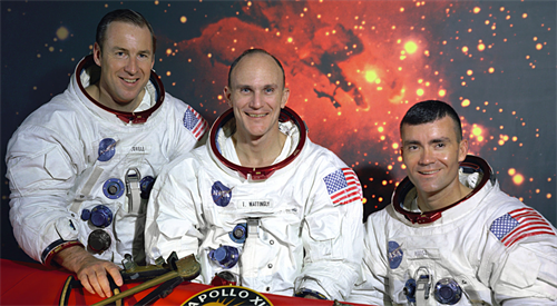 Członkowie misji Apollo 13. Od lewej: Lovell, Mattingly, Haise.