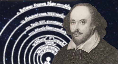William Shakespeare na tle modelu heliocentrycznego Mikołaja Kopernika.