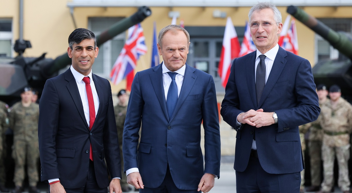 Polands Prime Minister Donald Tusk (centre), Britains Rishi Sunak (left), and NATO chief Jens Stoltenberg (right) meet in Warsaw on Tuesday, April 23, 2024.