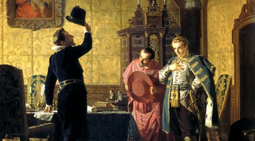 Dymitr Samozwaniec I przysięga Zygmuntowi III Wazie wprowadzenie katolicyzmu w Rosji, obraz Mikołaja Newrewa.