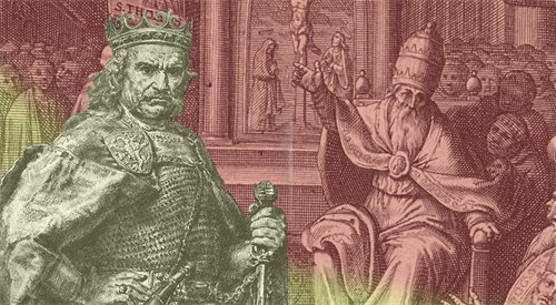 Władysław Łokietek przez cztery lata, za pośrednictwem dyplomatów, starał się o koronę u papieża Jana XXII. Grafika na podstawie rysunku Jana Matejki i ryciny Otto van Veena