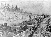 Transport więźniów na odkrytych platformach kolejowych w okolicy Kotłasu w lutym 1940 roku. Rysunek nieznanego łagiernika.