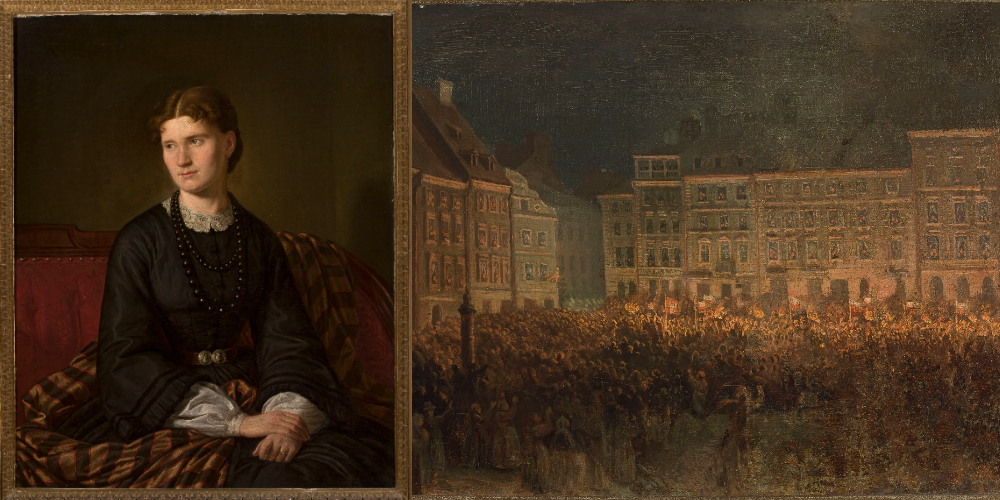 Od lewej: namalowany przez Aleksandra Lessera portret jego żony Julii; obraz "Manifestacja patriotyczna na Rynku Starego Miasta w 1861 roku". Fot. Muzeum Narodowe w Warszawie/domena publiczna