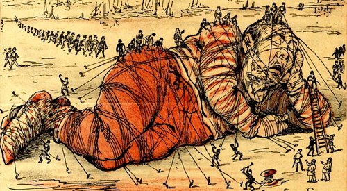 Gulliwer na ilustracji autorstwa Rafaela Bordalo Pinheiro