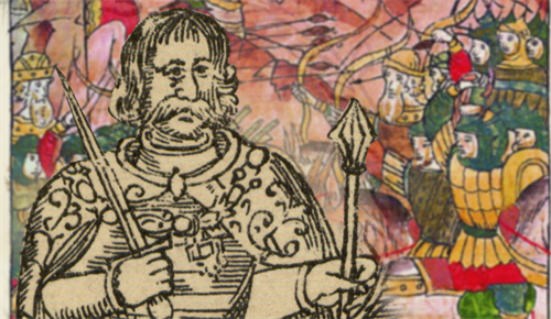 Linoryt przedstawiający Spytka z Melsztyna na tle wyobrażenia bitwy nad Worsklą.