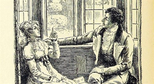 Elżbieta Bennet i Fitzwiliam Darcy. Ilustracja autorstwa Charlesa Edmunda Brocka, która ozdobiła wydanie Dumy i uprzedzenia Jane Austen z 1895 roku.