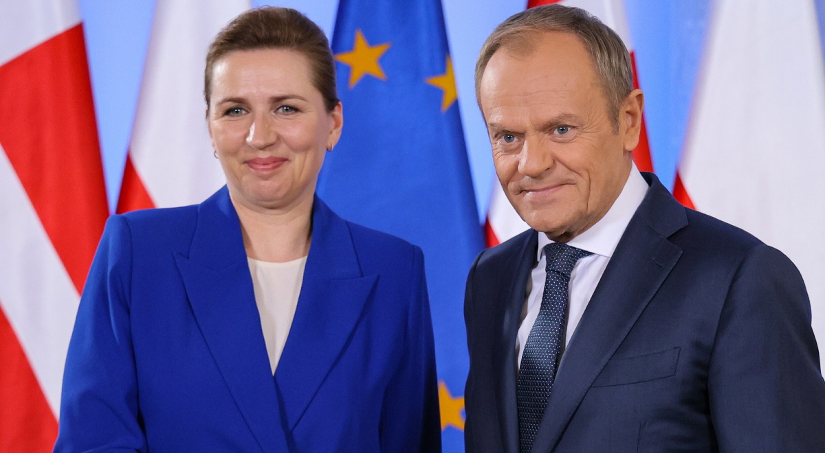 Polish Prime Minister Donald Tusk and his Danish counterpart Mette Frederiksen meet in Warsaw on Monday, April 15, 2024.
