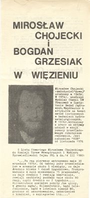 Ulotka w obronie aresztowanych wiosną 1980 szefa NOWej Mirosława Chojeckiego i współpracownika wydawnictwa Bogdana Grzesiaka