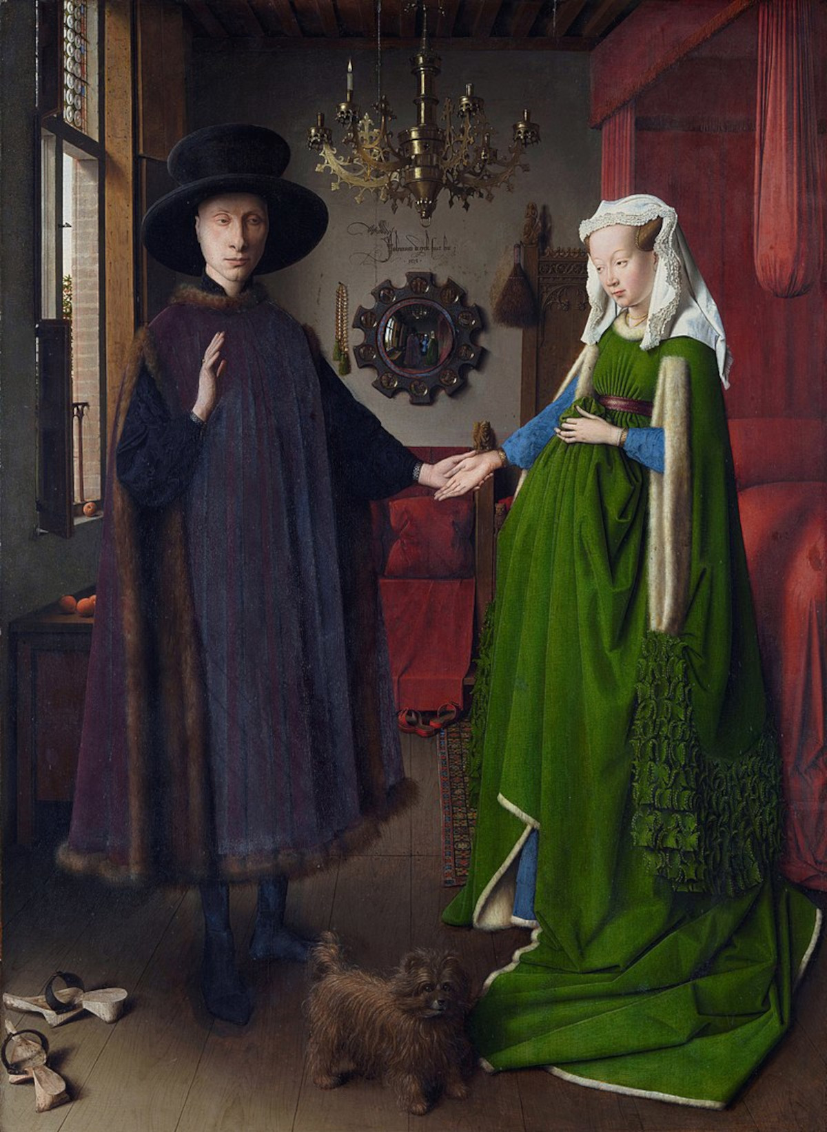 Jan van Eyck, "Portret małżonków Arnolfinich", 1434 r. Fot. Wikimedia/domena publiczna. "Przedstawia on w najczystszej formie sztukę XV w.", pisał o tym obrazie w "Jesieni średniowiecza" Johan Huizinga