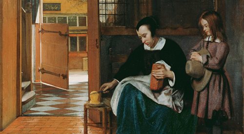 Uwagę Pietera de Hoocha przyciągały zwykłe, codzienne tematy. Na zdj. fragm jego obrazu, na którym kobieta przygotowuje dla chłopca chleb z masłem, ok. 1660 - 1663