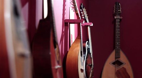 Fragment ekspozycji grupy instrumentów mandolinowych w Muzeum Historii Gitary