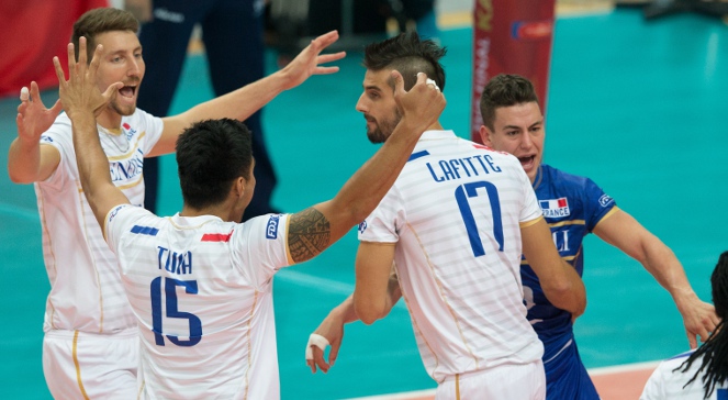 Radość Francuzów w meczu z Iranem w grupie G mistrzostw świata siatkarzy w Katowicach