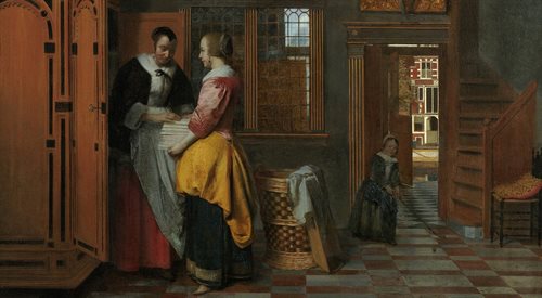 Pieter de Hooch, Wnętrze z kobietami przy bieliźniarce (1663)