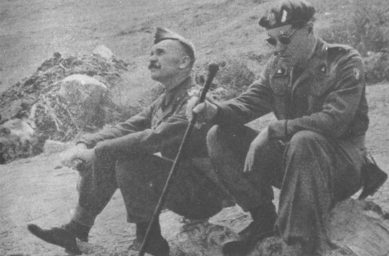 Gen. Zygmunt Bohusz-Szyszko (z  prawej) z gen. Nikodemem Sulikiem (1944), źr. Melchior Wańkowicz "Monte Cassino" (1957), Wikipedia/dp