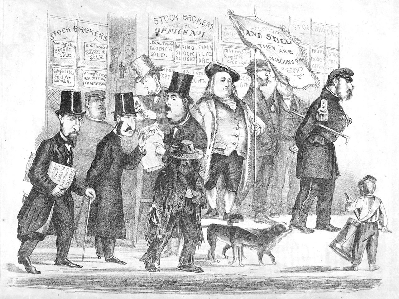 Rysunek Edwarda Jumpa  (1832–1883) przedstawiający ekscentryków San Francisco, wśród nich Joshuę Nortona (stoi z prawej strony), Fredericka Coombsa (w środku, ze sztandarem),  a także nierozłączną parę psów Bummera i Lazarusa. Fot. domena publiczna