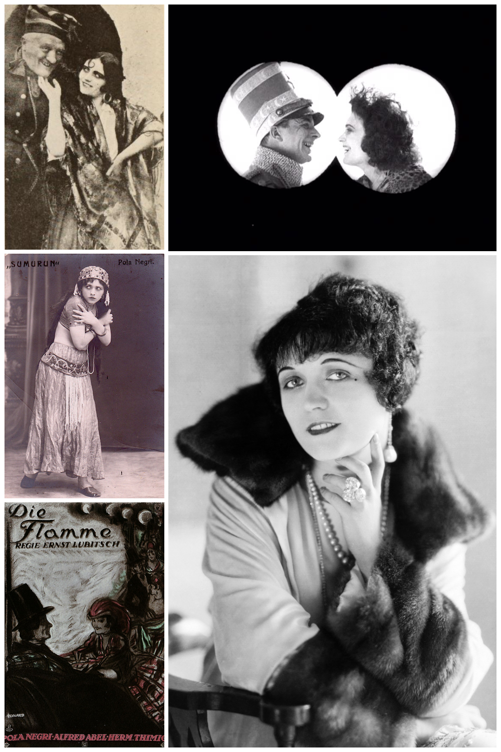 Kadry z filmów "Carmen", "Dzika kotka" i "Sumurun", plakat filmu "Głos ulicy" oraz fotograficzny portret Poli Negri z 1921 roku. Źródło: wikimedia/domena publiczna