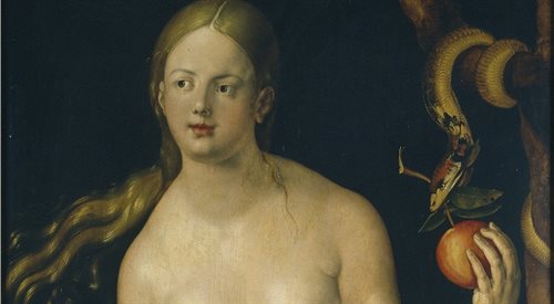 Fragment obrazu Albrechta Drera przedstawiającego Ewę w raju