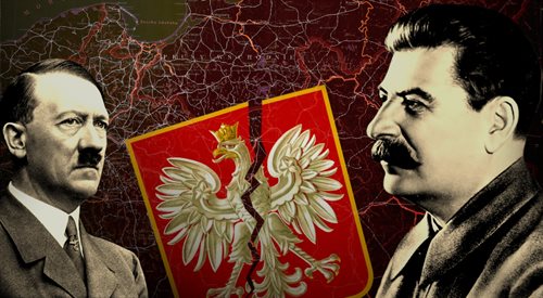 Adolf Hitler i Józef Stalin - architekci zbrodniczego ataku na Polskę w 1939 roku, na tle mapy oraz godła II Rzeczpospolitej