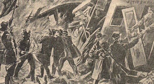 Rysunek przedstawiający napad na pociąg z pieniędzmi pod Rogowem  8 listopada 1906 (dowódcy: Józef Montwiłł-Mirecki i Jan Kwapiński)