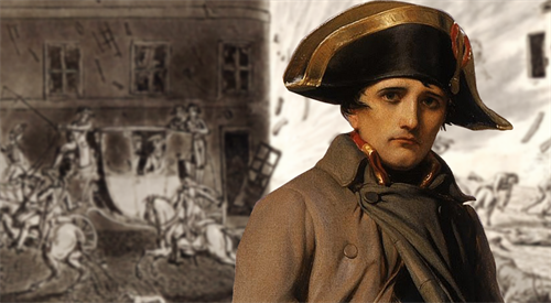 Napoleon  Bonaparte jako konsul - fragment obrazu Paula Delaroche - na tle ryciny przedstawiającej zamach na ulicy Saint-Nicaise.