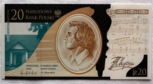 Banknot kolekcjonerski NBP upamiętniający 200. rocznicę urodzin Fryderyka Chopina