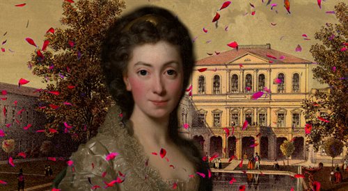Izabela Czartoryska według wizerunku z portretu pędzla Aleksandra Roslina. W tle pałac Czartoryskich w Puławach