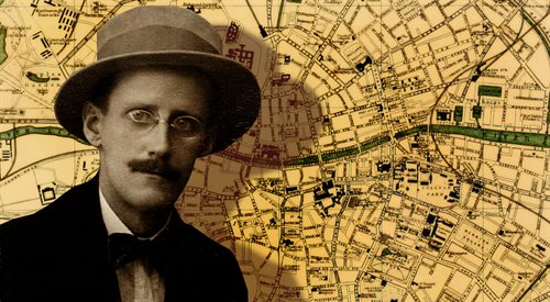 Grafika na podstawie fotograficznego portretu Jamesa Joycea i mapy przedstawiającej Dublin z epoki, w której umieszczona jest akcja Ulissesa