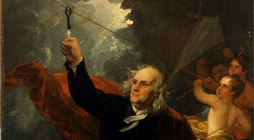 Benjamin Franklin czerpie energię elektryczną z nieba, obraz z 1816 roku.