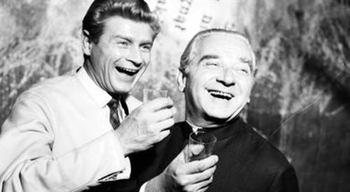 Stanisław Mikulski (Hipolit Wielosławski) i Józef Pieracki (Ksiądz Anastazy) w sztuce Przedwiośnie w Teatrze Powszechnym (10.1964r.)