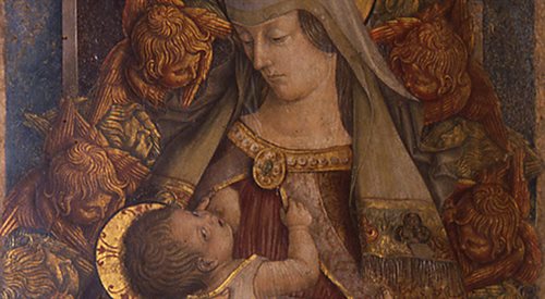 Carlo Crivelli, Matka Boska tronująca i karmiąca, 1472, tempera na desce, Pinacoteca Parocchiale w Corridonii (fragm.)
