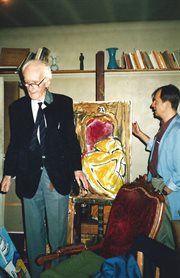 Józef Czapski i  Wojciech Karpiński w podparyskiej siedzibie polskiego Instytutu Literackiego. Francja, Maisons-Laffitte, 1986