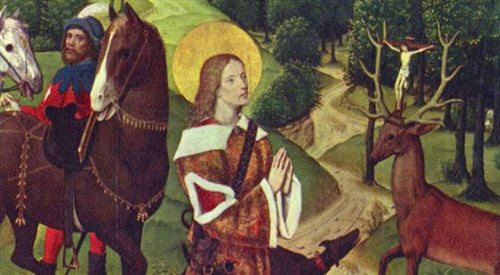 Meister des Marienlebens von Werden, Nawrócenie św. Huberta (fragm.),  ok. 1463-1480, National Gallery, Londyn.