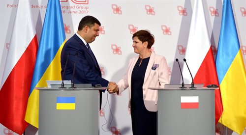 Premier Beata Szydło i premier Ukrainy Wołodymyr Hrojsman, podczas konferencji prasowej w drugim dniu XXVI Forum Ekonomicznego w Krynicy
