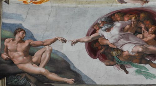 Stworzenie człowieka, fragm. fresku w Kaplicy Sykstyńskiej, Michał Anioł (1475-1564), Wikimedia Commons