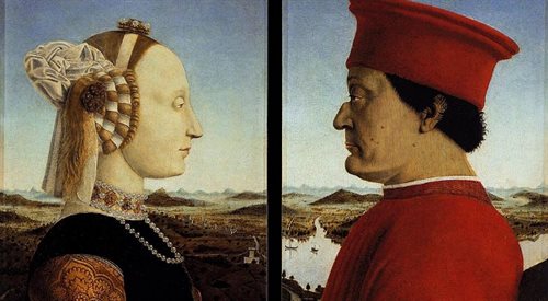 Battista Sforza i Federico da Montefeltro - podwójny portret pary książęcej Urbino pędzla Piera della Franceski